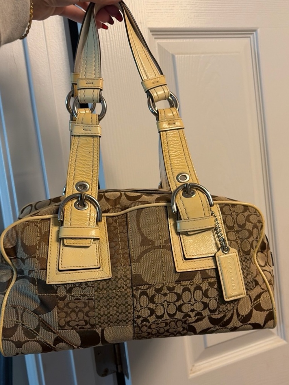 Coach Patchwork Signature Canvas Shoulder Bag - Tan & Yellow Trim